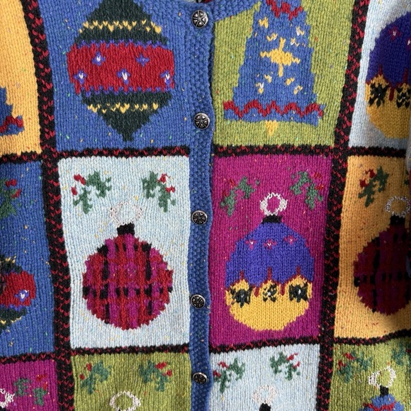 Talbots Hand Knit "Christmas Ornament" Wool Patchwork Sweater Cardigan Sz L - Picture 5 of 6